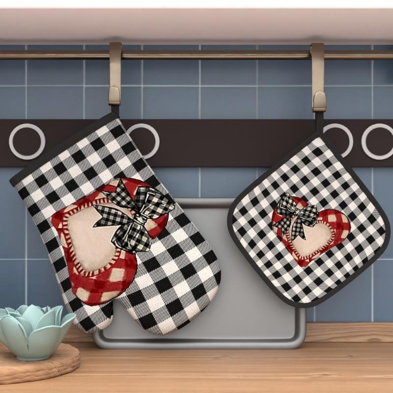 TEMU 2pcs Valentine's Day Heart Plaid Bow Oven Mitts, Woven Polyester Pot Holders, Heat Resistant, Machine Washable, For Cooking, Baking, Kitchen Decor, Housewarming Gift