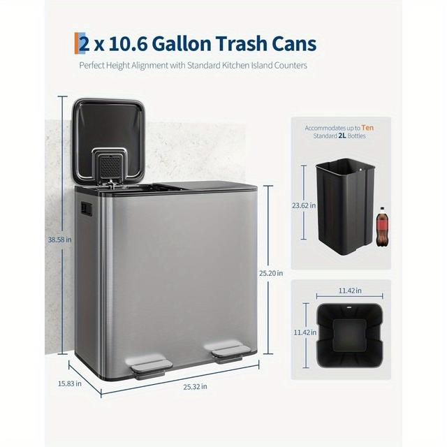 TEMU 2 X 8 Gallon Stainless Steel Double Trash Can With Lid For Kitchen, Large Dual Trash And Recycle Bin Combo, Step-on Kitchen Metal Garbage Cans, Pp Inner Buckets, Liner Rim, Silvery