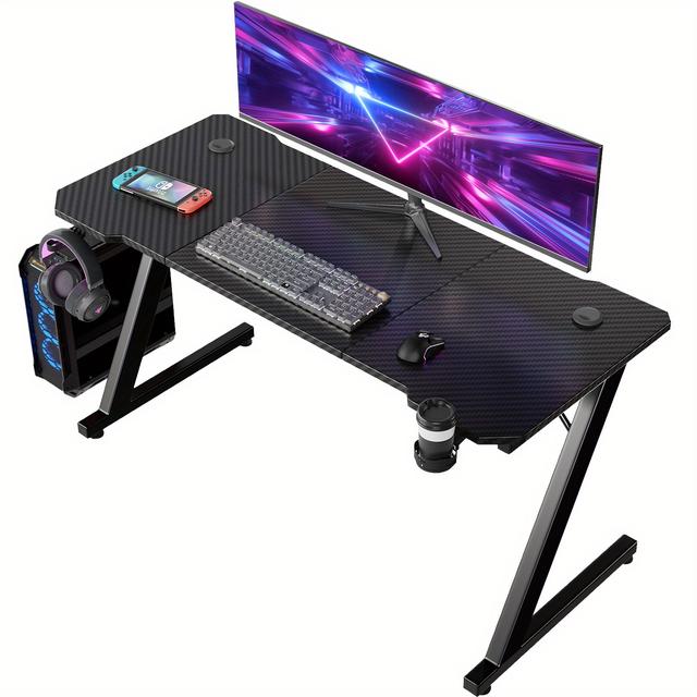 TEMU Z-shaped Gaming Desk - Carbon Fiber Look Plastic Computer Desk With Headphone Hook, Sturdy Home Office Workstation Table, Easy Assembly, Black
