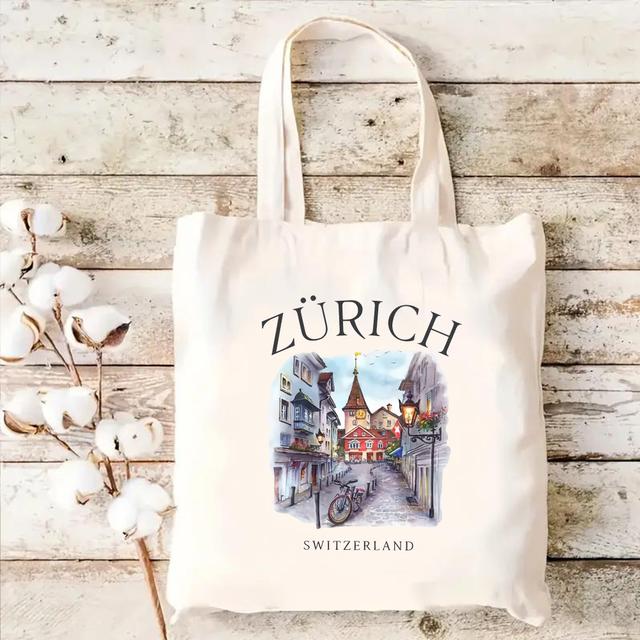TEMU Schweiz Aquarell-Straßenszene Druck Leichte Tragetasche, Große Kapazität Stilvolle Beige Wiederverwendbare Tasche für Outdoor-Picknicks, Partys, Reisen, Einkaufen & Geschenke – Unisex