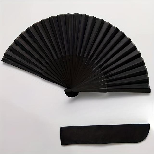 TEMU 1pc Elegant Black Pvc Folding Handheld Fan, Uncharged Manual Operation, No Battery Required, Classic Ancient Style For Men And Women