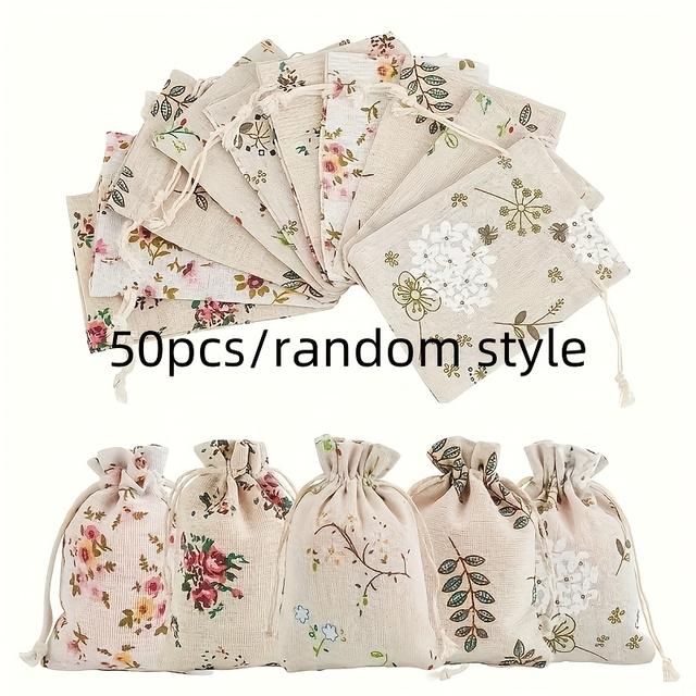 TEMU 50 Rustic Floral Print Linen Drawstring Bags- Perfect For Jewelry, Wedding Decorations, Favors, Drawstring Gift Bags, Ideal For Weddings And Craft Storage