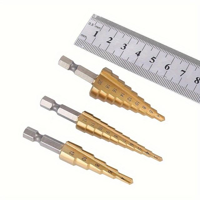 TEMU Set Of 3 Titanium-plated Step Drills - Ideal For Wood And Metal, Drilling