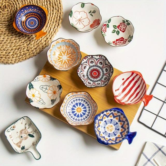 TEMU 6pcs Vibrant Mini Ceramic Bowl Set - Floral & Geometric Patterns, Ideal For Appetizers, Sushi, Dipping Sauces - Colorful Kitchen Essentials With Handles