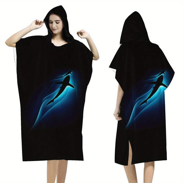 TEMU 1pc Shark Silhouette Hooded Beach Towel & Bathrobe - Super Absorbent Quick-dry Microfiber, Unisex For Swimming, Surfing, Camping, Hiking - Modern Cartoon , Swimming Essential, Oceanthemed Apparel