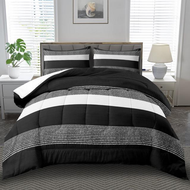 TEMU 3pcs Winter Comforter Set Featuring A Black And White Striped Design, Perfect For A Cozy Bedding Experience. This Cartoon Boho Style Quilt Makes A Gift For Halloween, Christmas, Or Birthdays