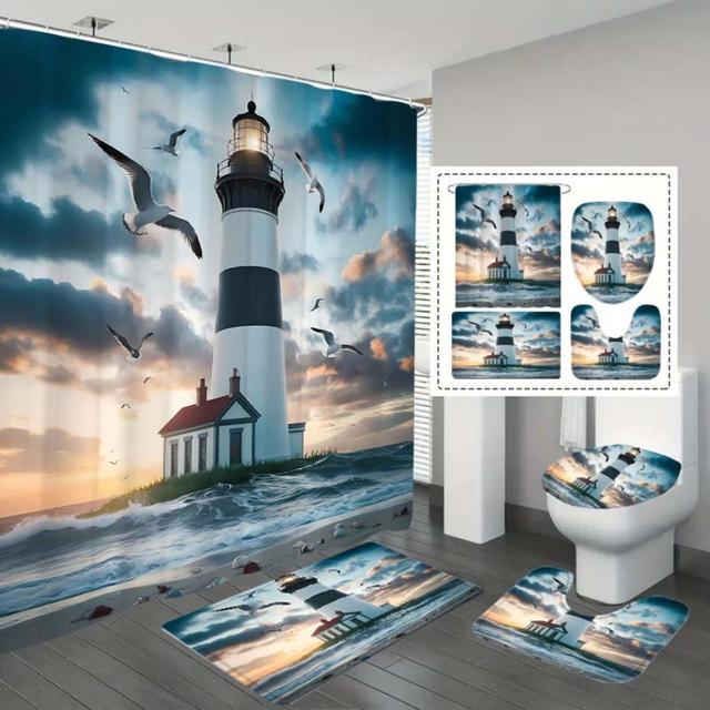 TEMU 1pc/4pcs Creative Lighthouse Bathroom Set - Polyester Curtain, Bathroom, U-shaped, Free 12 Durable Hooks , High Quality Bathroom , Easy To Clean, Housewarming Holiday Gift