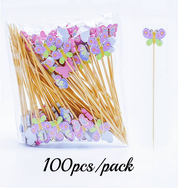 TEMU 100 ks/balení Motýlí bambusové tyčinky, exkluzivní a módní bambusové špízy, tematické bambusové špízy, špízy , ovocné špízy, sushi špízy, sendvičové špízy, hamburgerové špízy, grilovací špízy