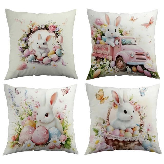 TEMU Set Of 4 Single-sided Printed Pillow Covers With A Spring Theme, Featuring Floral Designs, Rabbits, And Easter Eggs, Perfect For Decorating Sofas For Easter (insert Not Included)