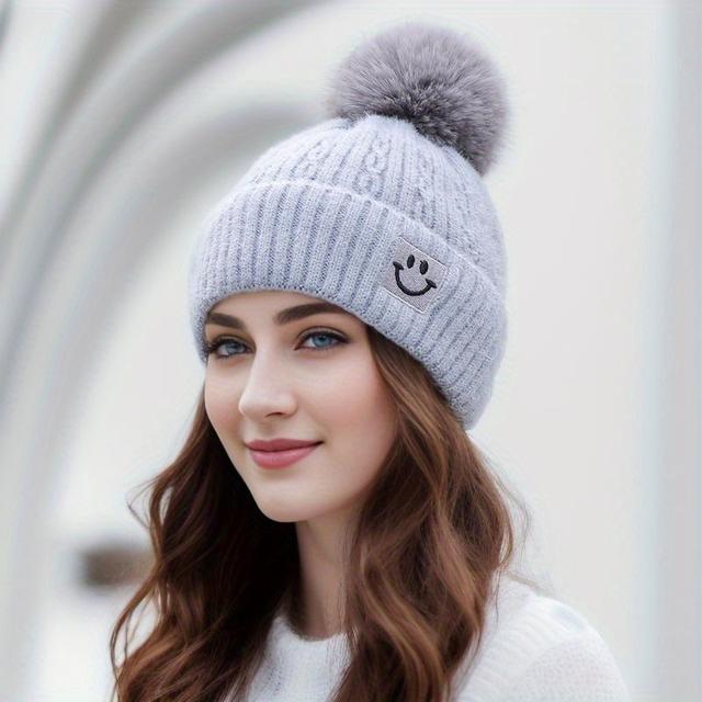 TEMU Women's Warm Knitted Beanie With Pom Pom And Face Patch - Style 1, Face Hat In : Black, White, Pink, Gray. Stretchy And Comfortable, Cold-proof And Ear-protecting. Christmas Gift, Hand Washable
