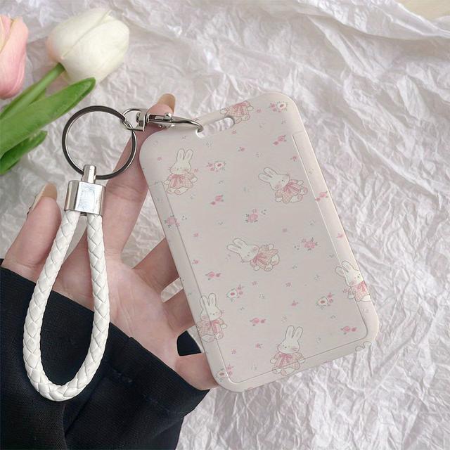 TEMU Cute Bunny & White Plastic Id Badge Holder With Keychain - Durable Card Protector For Work, School, Hospital, Bus Pass, Nurses Access Cards, Work Accessory, Accessory, School Students