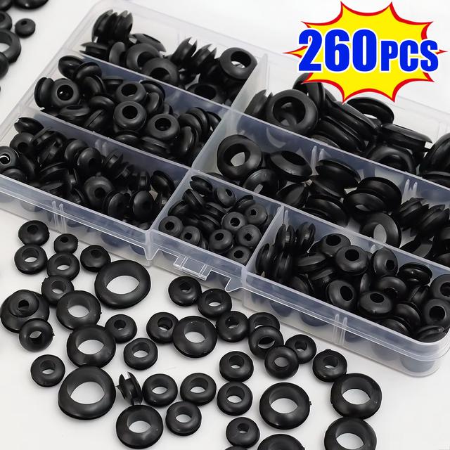 TEMU Set Of 260 Black Rubber Grommets With Double Sides - , And Insulated Cable Seals In Sizes (8mm, 10mm, 12mm, 14mm, 16mm, 18mm), Complete With A Storage Box For Automotive, Plumbing