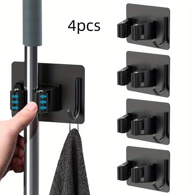 TEMU 4pcs No Drill Broom Mop Organizer Wall Mount Heavy Duty Hook Self Adhesive Stainless Steel For Bathroom Kitchen Office Black, Utility Racks