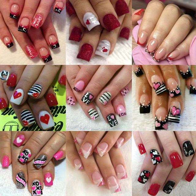 TEMU 216pcs(9pcs) Valentine's Day Press On Nails Bright French Tip Fake Nails Short Square Fake Nails Patch, Heart-shaped Fake Nails On Nails, Suitable For Women