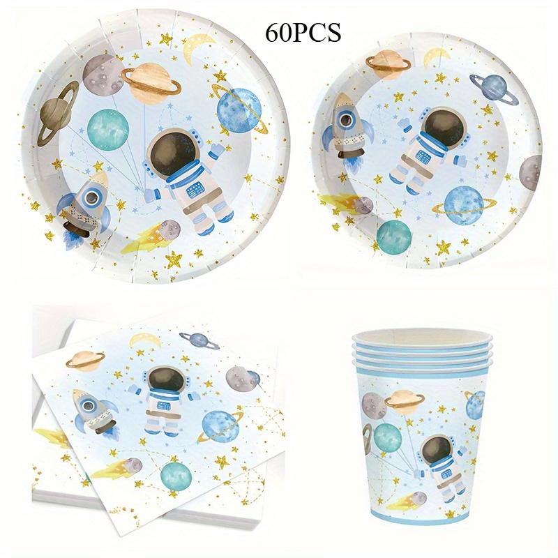 TEMU Set mit 60 Stück Geschirr für eine Party im Weltraum-Thema, mit Papptellern und Servietten im Astronauten-Design, ideal für Geburtstagsfeiern und Veranstaltungen zum Thema Planeten