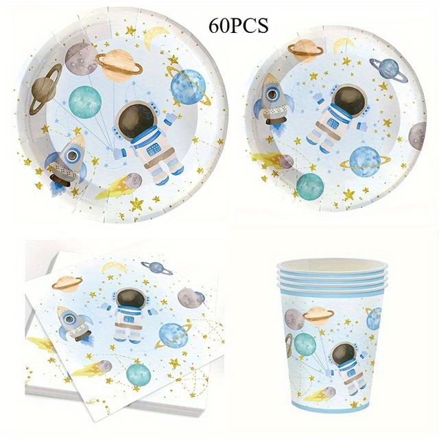 TEMU Set mit 60 Stück Geschirr für eine Party im Weltraum-Thema, mit Papptellern und Servietten im Astronauten-Design, ideal für Geburtstagsfeiern und Veranstaltungen zum Thema Planeten