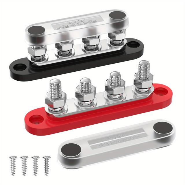 TEMU Pair Of 150a Bus Bars, 4 M8 Screws, + Red Base With Dust Covers, Includes 4 Self-tapping Screws