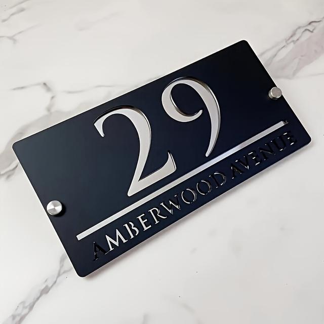 TEMU Customizable Modern Laser-cut Acrylic Address Number Plate - Waterproof Outdoor House Number Sign With Golden & Name, Wall-mounted For Home, Apartment, Entryway, Elegant Font Design