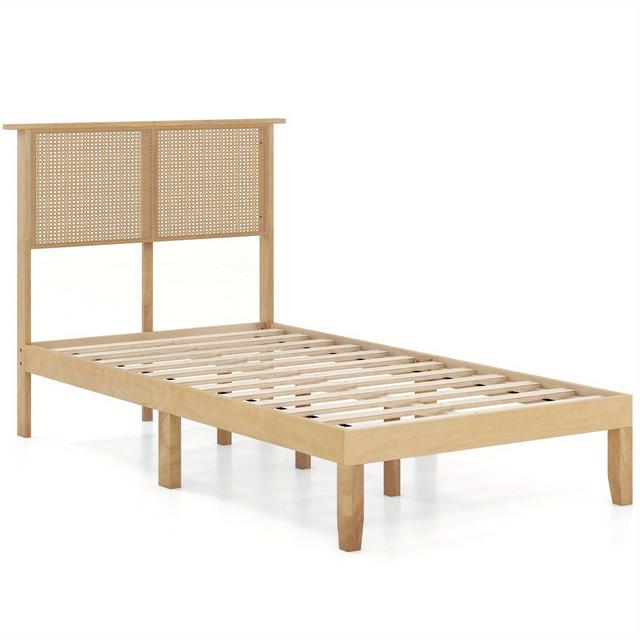 TEMU Lifezeal Twin Solid Wood Bed Frame With Boho Pe Rattan Headboard, Platform Bed Frame With 12 Wooden Slats Support, Bohemian Mattress Foundation, Spring Needed