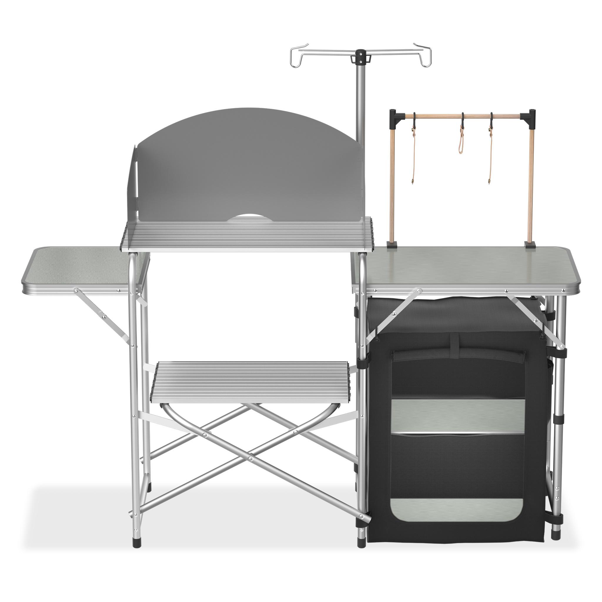TEMU Silberner faltbarer Outdoor-Tisch, Camping-Schrank mit Aluminiumrahmen, 3 Arbeitsplatten 4 Haken, Outdoor-Küche-Camping-Schrank, 146 x 46 x 141 cm