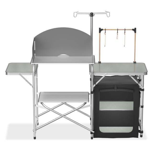 TEMU Silberner faltbarer Outdoor-Tisch, Camping-Schrank mit Aluminiumrahmen, 3 Arbeitsplatten 4 Haken, Outdoor-Küche-Camping-Schrank, 146 x 46 x 141 cm