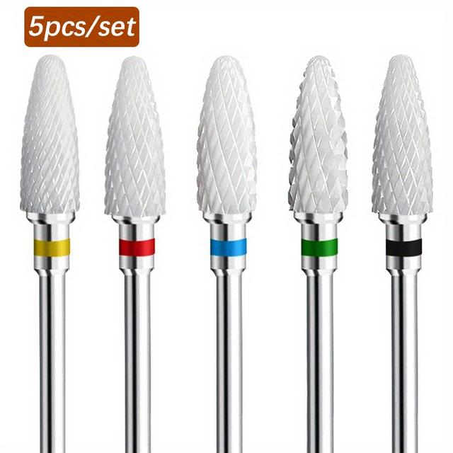 TEMU Set Of 5 Ceramic Nail Drill Bits, Designed For Acrylic Nail Filing, Featuring A 3/32'' Shank And Professional Corn-shaped Bits Suitable For Shaping, Polishing, And Removing Acrylic Gel Nails