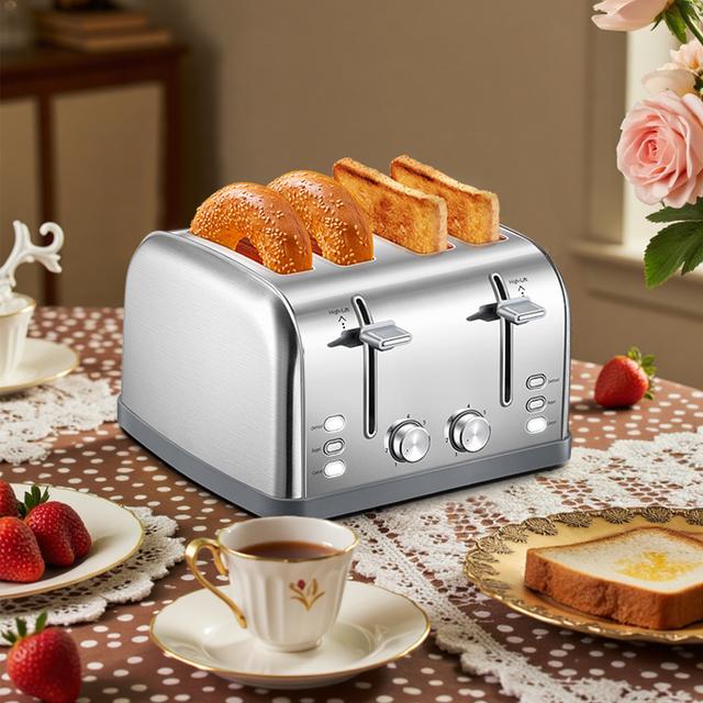 TEMU Stainless Steel 4- Toaster With Extra-wide Slots, Bagel/ Muffin Functions, Lever, 7 Browning Levels, Removable Crumb Tray & Warming Rack, By Reemix