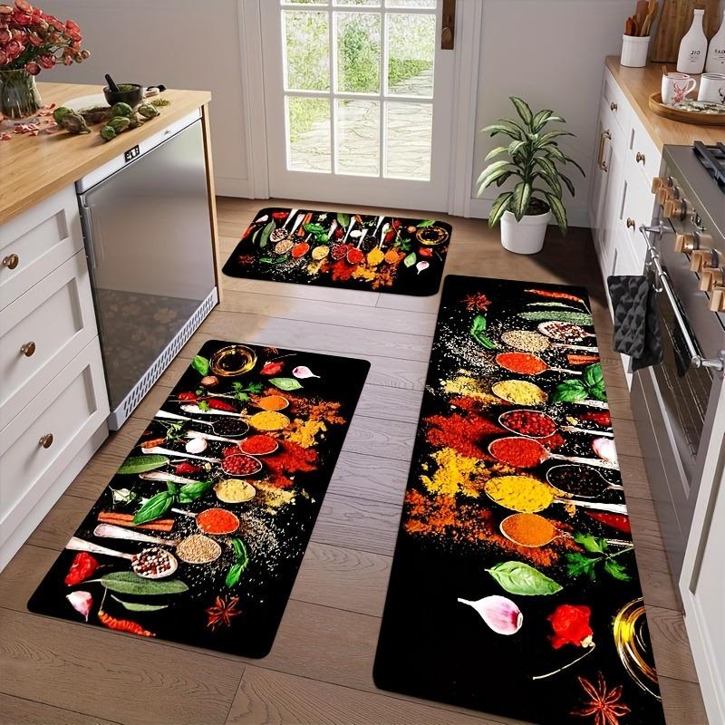 TEMU Set Of 2/3 Kitchen Rugs Featuring Spice And Spoon Designs, Machine Washable, Made Of Polyester, Suitable For Bedroom, Living Room, Dining Room, Kitchen, Bathroom, And Entryway
