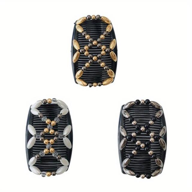 TEMU 3pcs Women's Magic Hair Comb, Comb Hair Clip, Fashion Accessory, Easy To Care, Tribal Style (white, Black And Golden), Suitable For Daily Wear