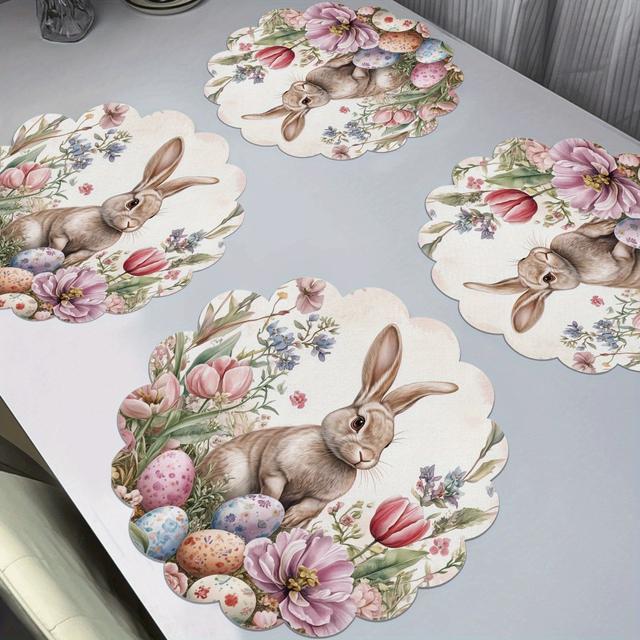 TEMU 4pcs Spring Rabbit And Wooden Placemats Set - Non-slip Wooden Round Table Mats With Scalloped Edge - Vibrant Floral Pattern, Great For Home Decor, Suitable For Daily Use And Holiday Gatherings
