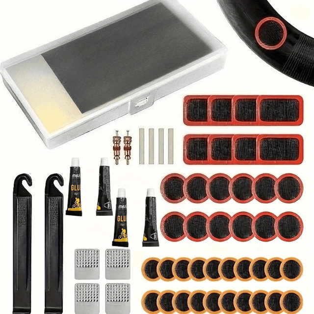 TEMU 56pcs Bicycle Tire Repair Kit - Vulcanizing Patches, Strong Glue And Tire Levers - Emergency Inner Tube Fix For Mtb/road Bike - Universal For Bike/motorcycle/car