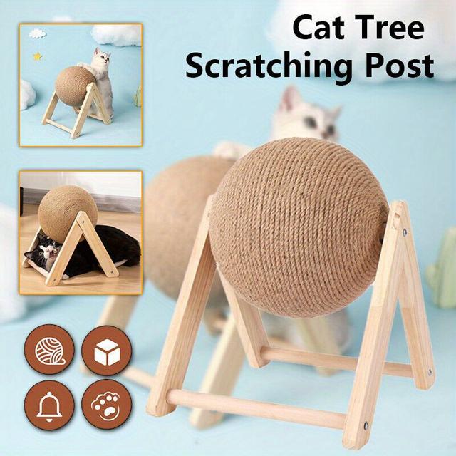TEMU Natural Wood Cat Scratching Post With Sisal Rope Ball – Durable Furniture Protector & Claw-sharpening Toy For Cats, Multi-level Design For Indoor Play, Cat Toy