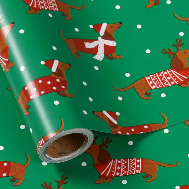TEMU Handihome Dachshund Dog Christmas Wrapping Paper - Roll With Cute Dachshund In Santa Hats & Reindeer Costumes, White Snow- Green Pp Gift Wrap (58x23 Inches) For , Holiday