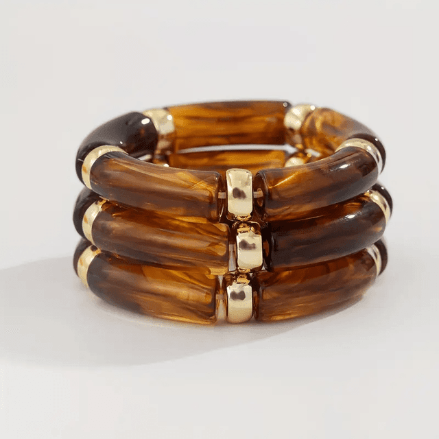 TEMU 3pcs Women's Vintage Bohemian Resin Curved Tube Stretch Bangle Bracelets, For Daily Wear, Autumn/winter Jewelry Accessories, New Year Gift, Thanksgiving Gift