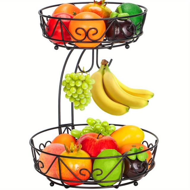 TEMU Fruit Basket Fruit Rack 2 Tier Fruit Bowl With Banana Hanger Desktop Fruit Rack With Tree Metal Fruit Basket Storage Rack Keeps Fruits And Fresh, Utility Racks