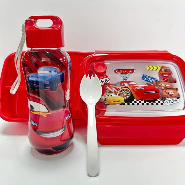 TEMU صندوق غداء ديزني سيارات 95 مع زجاجة ماء وشوكة بتصميم لايتنينج ماكوين - مجموعة وجبات مدرسية من البلاستيك، شعار لايتنينج ماكوين وتصميم ماتر/فلاي عجلة للحفلات والعودة إلى المدرسة