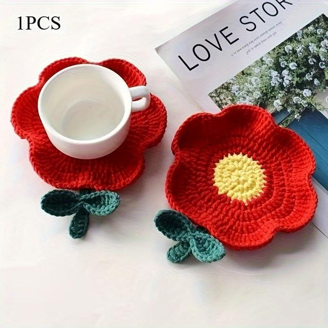 TEMU 手織りレッドルコースター - 耐熱テーテクター、トな花柄デコレーション、コーヒー・ダイニング・ホーム用 - テーブル装飾付きカップマット - 新築祝いギフトに最適、ダイニングアクセサリー、おしゃれな、アーティザナル品質、機能的な装飾、贈り物ショッパー向け