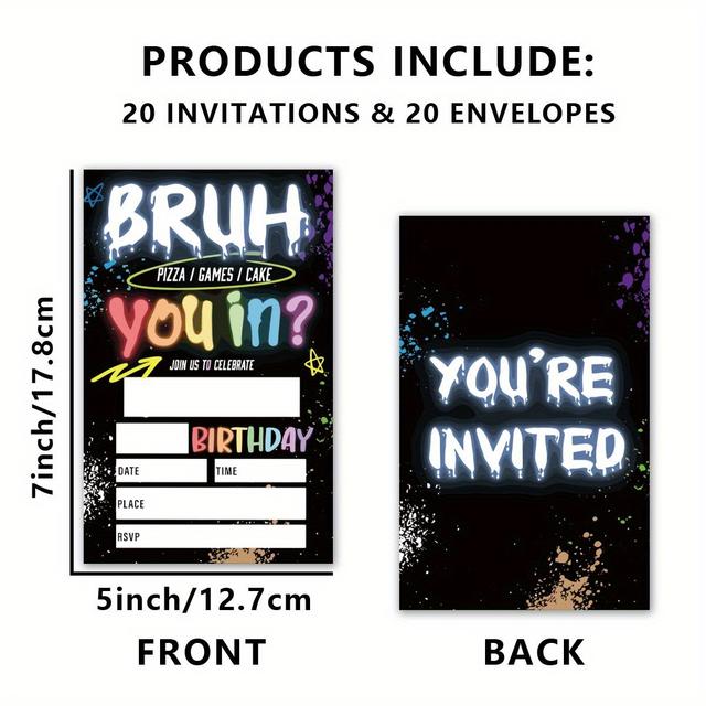 TEMU 20pcs Neon Graffiti Birthday Invitation Cards With Red Envelopes, Fun "bruh" Themed Party Invites For Pizza, Games & Cake, Birthday Celebrations, Birthday Party Decorations