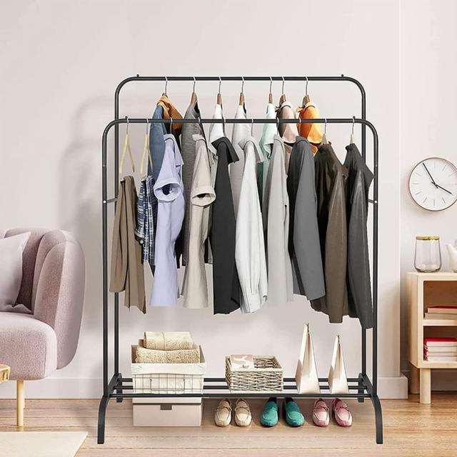 TEMU 1pc Multifunctional Metal Garment Rack With Dual Hanging Rods, Portable Freestanding Clothes Stand For Bedroom, Bathroom, Display - Construction, Versatile Use, Black