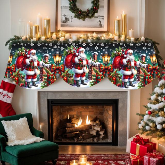 TEMU . Weihnachts-Buffalo-Karomuster Schleife Weihnachtsmann Atmosphäre Kamin Handtuch | Polyester, Ideal für Wohnzimmer Deko zu Hause an Kaminen, Schränken, TV-Ständern, Esstischen