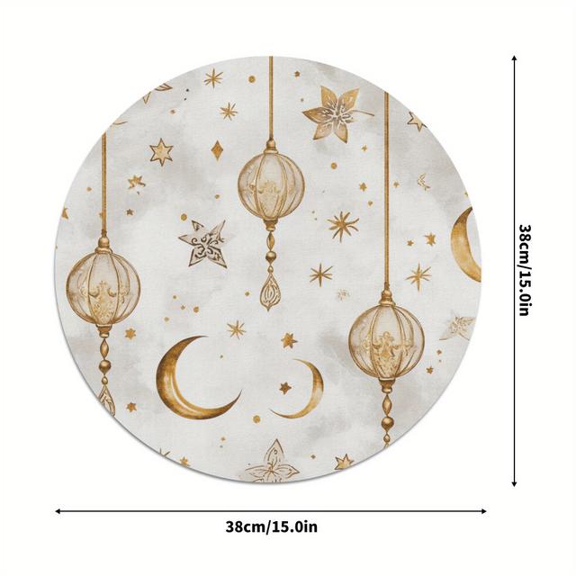 TEMU 6 قطع من مفارش الطاولة الأنيقة بتصميم قمر رمضان ومنارة | دائرية 15 بوصة، بوليستر متين، قابل للغسل في الغسالة | غير سامة، ديكور طاولة عالي الجودة للحفلات، المطابخ والمطاعم، زينة رمضان