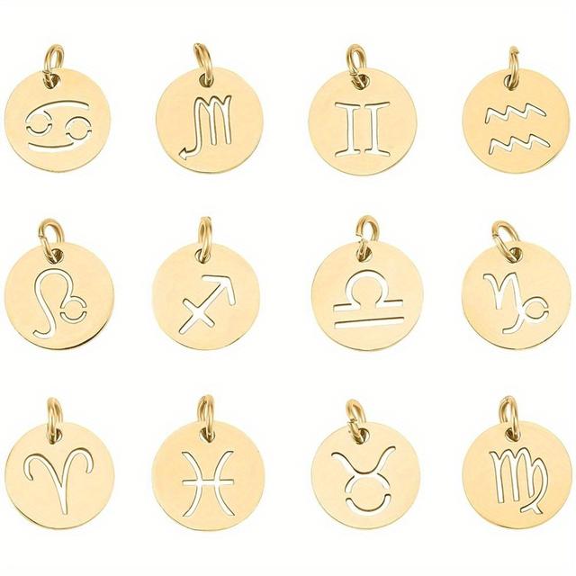 TEMU / 12pcs 12mm 304 Stainless Steel 12 Constellation Pendant Pendant With 3mm Hole Flat Circular Pendant, Used For Craft Production