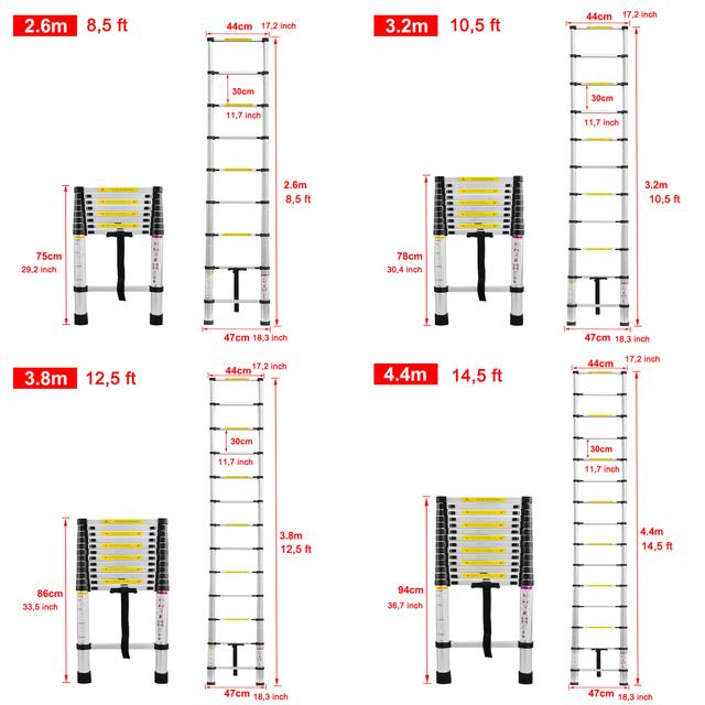 TEMU 2. 6/3. 2/3. 8/4. 4m Folding Telescopic Ladder Aluminum Ladder Herringbone Multifunctional Ladder