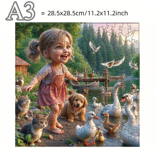 TEMU Challenging Square Wooden Puzzle - Little Girl Raising Poultry , Vibrant Artwork With Ducks, Geese & Cats, Premium Plywood 3+, Ideal Birthday & Holiday Gift, White Gift Box