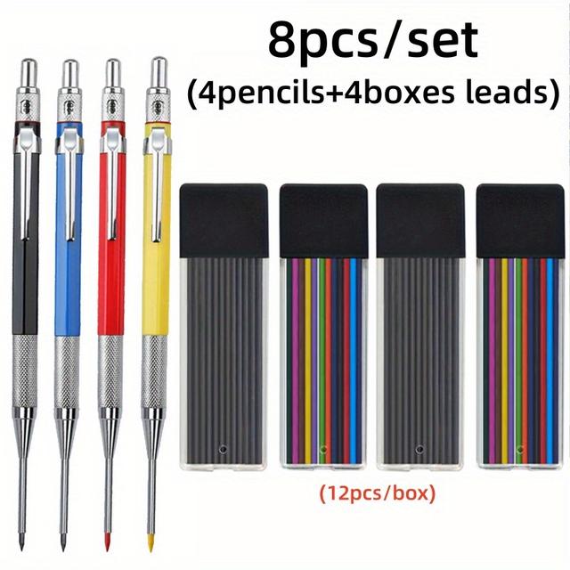 TEMU 8pcs/set Deep Hole Woodworking Mechanical Pencil Set, 2.0mm 2b Black/color Lead, Carpenter Marking Pencil For Woodworking Engineer Drawing Back To School Supplies(4pencils+4boxes Lead)