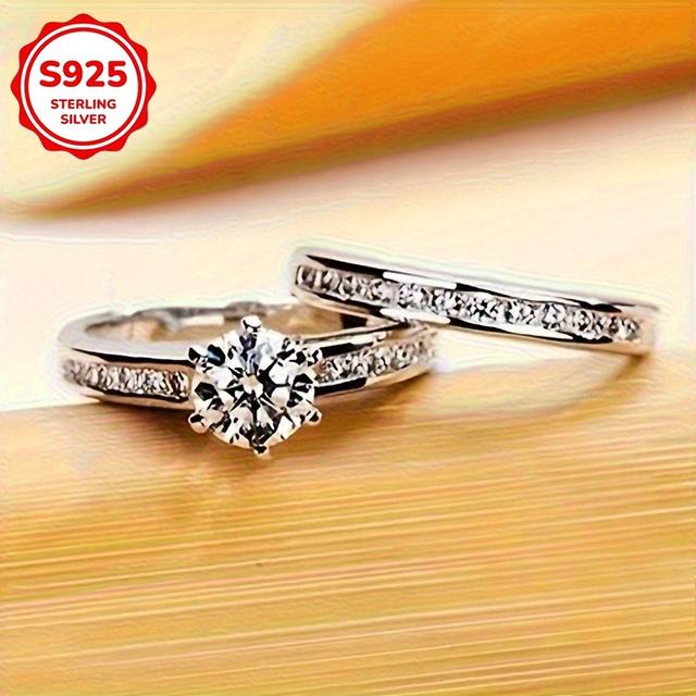 TEMU 2pcs Ring Set For Of 925 Silver, Featuring A Synthetic Zirconia In A 6-claw Design, Perfect For Engagements, Weddings, And As Jewelry Gifts