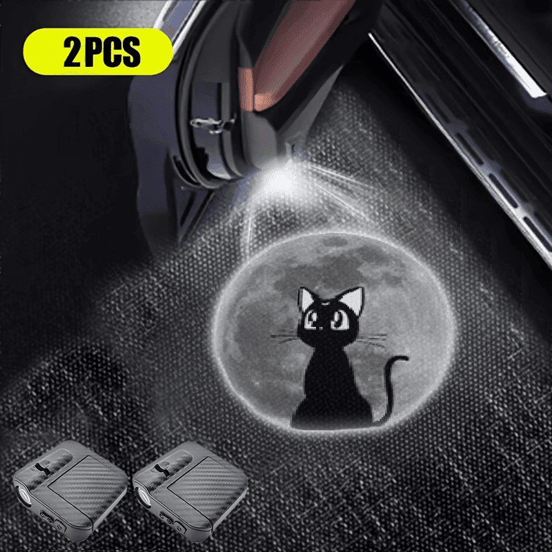 TEMU 2pcs Car Led Door Welcome Light Projector Badge Emblem Lamp For Black Cat Atmosphere Lights Cute Accessory Gift