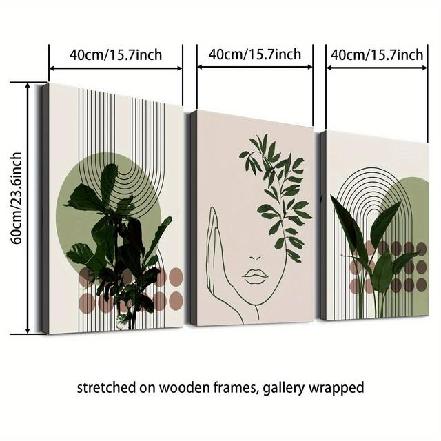 TEMU 2d Flat, 2d Flat, Set Of 3 Framed Canvas Artworks Featuring Abstract Line Art And Green Plant Designs, Designed In A Modern Minimalist Bohemian Style With Soft Pastel Hues (green, Pink