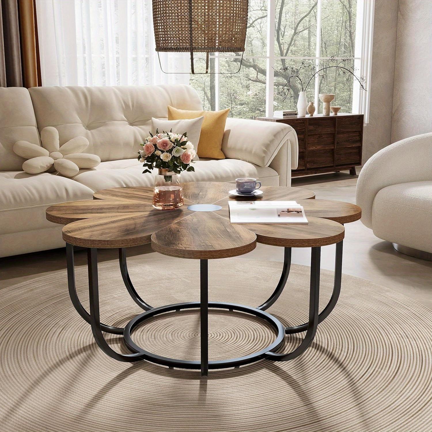 TEMU Coffee Table, Shape Coffee Table With Faux , 100cm Large Floral Accent Table With Metal Frame, Sofa Table For Living Room, Brown And Black
