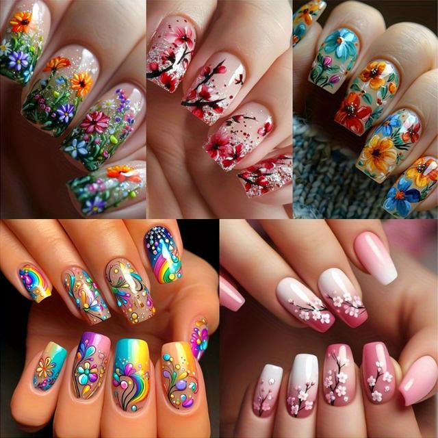 TEMU 120pcs 5pcs Mixed Nail Art Set, Glossy Finish, Square, Medium Length, Floral And Striped Patterns, Spring/summer Removable Nail Art Stickers